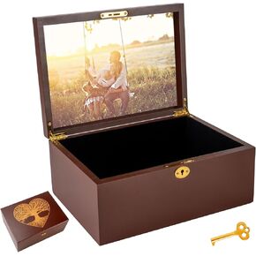 Tree of Life Larger Wooden Memory Keepsake Boxes With Hinged Lids and Lock photo frame inside the lid - Decorative Storage Box With a Hinge Lids For Picture Letter Time Capsule - 5.3*8.6*11.7 Black H