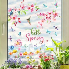 Yovkky 109 PCS Spring Summer Tree Branch Mosaic Birds Window Clings 9 Sheets, Pink Floral Blue Hummingbird Flower Stickers Decals Decor, Butterfly Seasonal Home Kitchen Decorations