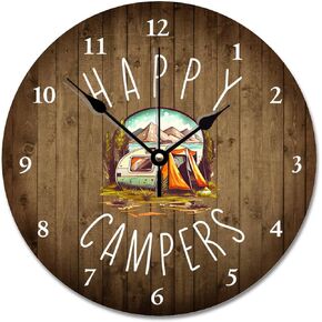 ArogGeld Happy Campers Clock Retirement RV Camping Wall Clock Silent Non Ticking Wooden Wall Clock Battery Operated Esay Read for Home Decor Kids Room Office Housewarming Gift