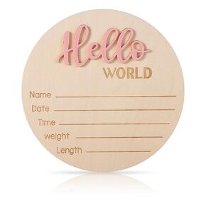 Newborn Announcement Sign, 5.9in Wooden Hello World Sign Baby Welcome Sign Birth Baby Name Plaques for Newborn Boys and Girls Photo Props Baby Shower Hospital Nursery (Light Purple)