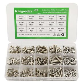 360 Pieces M3 M4 M5 Phillips Pan Head Screws Bolt Nut Lock Flat Washers Machine Screws Assortment Kit