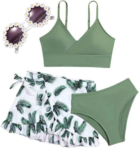 Girls Swimsuit, 3 Piece Bathing Suits V-Neck Ruffle Floral Bikini Set with Skirt Sunglasses Cute Teen Kids Swimwear 8-15T in Saudi Arabia