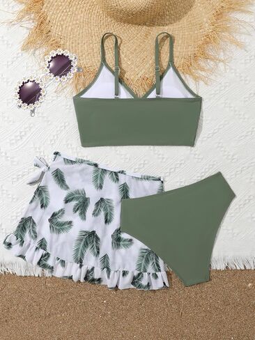 Girls Swimsuit, 3 Piece Bathing Suits V-Neck Ruffle Floral Bikini Set with Skirt Sunglasses Cute Teen Kids Swimwear 8-15T in Saudi Arabia