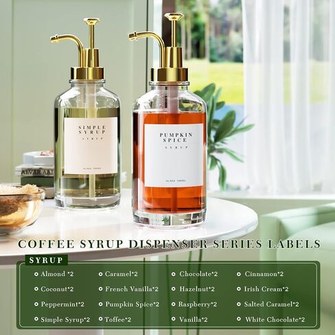 Coffee Syrup Dispenser for Coffee Bar Accessories，Coffee Pump Dispenser, Glass Syrup Bottle with Gold Pumps and 42 Labels, 16.9 oz 500 ml (6 Pack) in Saudi Arabia