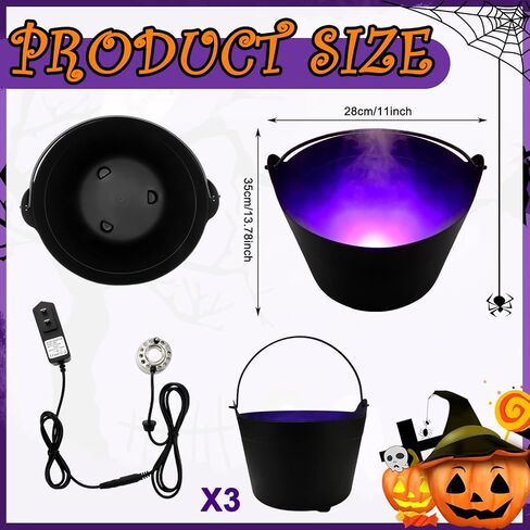 3 قطع من دلو وعاء الساحرات الكبيرة للهالوين و3 قطع من صانع رذاذ النافورة مع 12 لون ضوء LED أسود مرجل رذاذ لتزيين حفلات الهالوين في الهواء الطلق in Kuwait