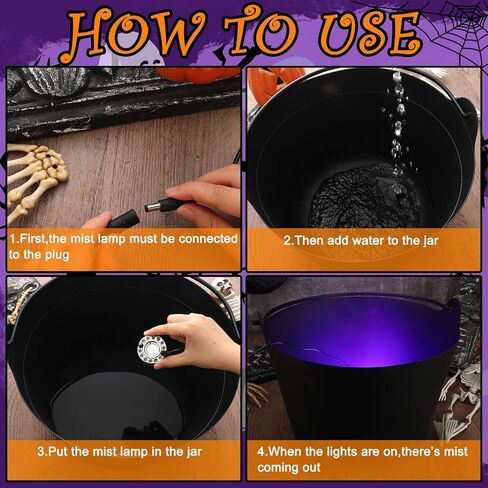 3 قطع من دلو وعاء الساحرات الكبيرة للهالوين و3 قطع من صانع رذاذ النافورة مع 12 لون ضوء LED أسود مرجل رذاذ لتزيين حفلات الهالوين في الهواء الطلق in Kuwait