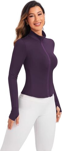 Women's Workout Zip Up Jacket, Cropped Running Athletic Jackets Slim Fit Gym Tops with Thumb Holes in Saudi Arabia