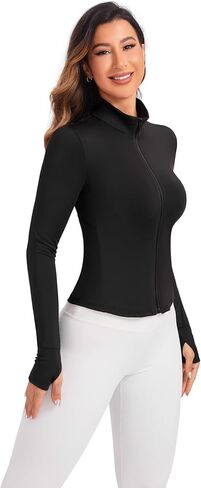 Women's Workout Zip Up Jacket, Cropped Running Athletic Jackets Slim Fit Gym Tops with Thumb Holes in Saudi Arabia