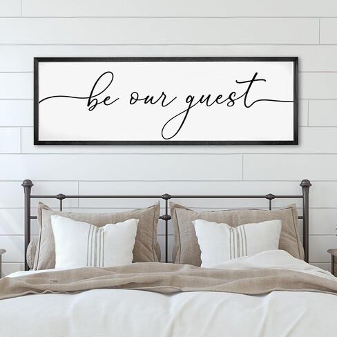 لافتة حائط مؤطرة من Be Our Guest لديكور منزل المزرعة وديكور جدار غرفة النوم فوق السرير وغرفة الضيوف وديكور جداري فني لغرفة المعيشة (48 × 16 بوصة، أسود) in Saudi Arabia