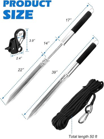 39'' Sand Spike Boat Anchor Pole, with Stainless Steel Boat Anchor Hook and Boat Anchor Line 50ft, for Shallow Water Shore, Beach, Sandbar in Kuwait