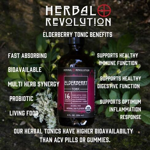 Herbal Revolution Digestive Tonic - Certified Organic Non-GMO Apple Cider Vinegar Infused with Honey, Burdock Root, Dandelion, Lemon Balm & More, Made Using Regenerative Farming Practices - 8 Fl Oz in Saudi Arabia