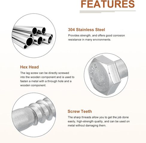 M6x60mm Hex Lag Bolts -15 Pack - for Woodworking, Furniture - 304 Stainless Steel Partial Thread Hexagon Head Lag Screws for Wood - Silver in Saudi Arabia