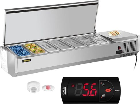 VEVOR Refrigerated Condiment Prep Station, 60-Inch, 16.8Qt Sandwich/Salad Prep Table with 4 1/3 Pans & 4 1/6 Pans, 150W Salad Bar with 304 Stainless Body and Cover Temp Adjuster One-Click Defrosting in Saudi Arabia