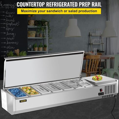 VEVOR Refrigerated Condiment Prep Station, 60-Inch, 16.8Qt Sandwich/Salad Prep Table with 4 1/3 Pans & 4 1/6 Pans, 150W Salad Bar with 304 Stainless Body and Cover Temp Adjuster One-Click Defrosting in Saudi Arabia