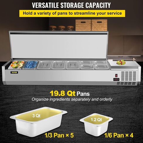 VEVOR Refrigerated Condiment Prep Station, 60-Inch, 16.8Qt Sandwich/Salad Prep Table with 4 1/3 Pans & 4 1/6 Pans, 150W Salad Bar with 304 Stainless Body and Cover Temp Adjuster One-Click Defrosting in Saudi Arabia