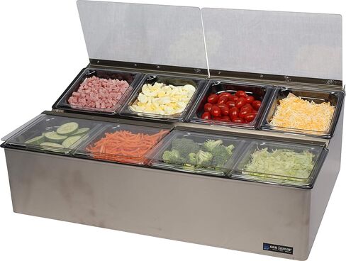San Jamar Ez-Chill Food Prep Center Self-Service with Hinged Lid for Bars, Restaurants, And Kitchens, Stainless Steel, Four 1/6 Size Pans, Silver in Saudi Arabia