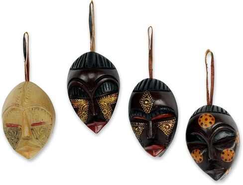 NOVICA Decorative Christmas Wood Hanging Holiday Ornaments, Assorted 'Celebration Masks' (Set of 4) in Saudi Arabia