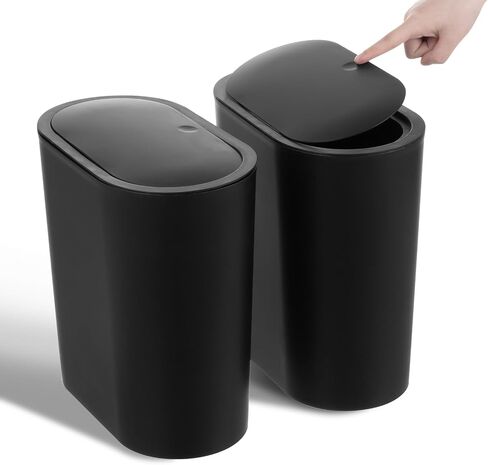 2 Pack Bathroom Trash Can with Lid, 4 Gallon/15L Narrow Garbage Can with Press Top Lid, Covered Trash Bin, Plastic Trashcan Slim Waste Basket for Kitchen, Bedroom, Office, Craft Room, Laundry, White in Saudi Arabia