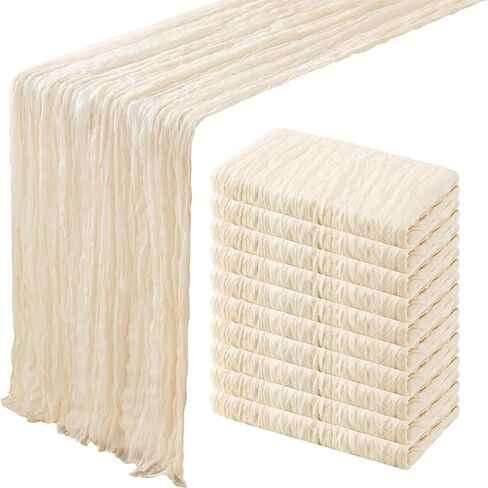 10 Pack Beige Gauze Table Runner 35x120 Inches with 20 Ribbons, Cheesecloth Rustic Boho Table Runner for Bridal Shower Wedding Party First Communion Centerpiece Engagement Rustic Boho Decoration in Saudi Arabia