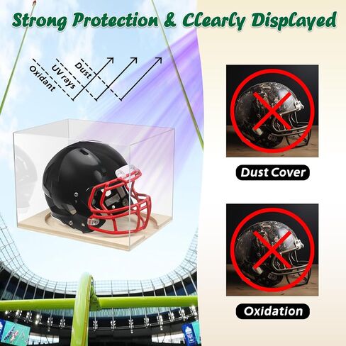 Mini Football Helmet Display Case, Acrylic Mini Size Football Helmet Holder Box with Wood Base, UV Protected Clear Autographed Memorabilia Storage Collectibles Stand Signature Keepsake Showcase in Saudi Arabia