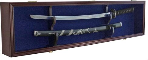 DisplayGifts 1 Sword Sabre Display Case خزانة حامل حامل جدار رف صندوق الظل قابل للقفل باب أسود من الداخل، مع إطار من خشب الماهوجني in Saudi Arabia