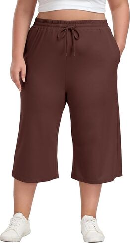 Plus Size Capris for Women Summer Wide Leg Casual Pants Loose Fit Cropped Workout Pants with Pockets Drawstring in Saudi Arabia