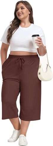 Plus Size Capris for Women Summer Wide Leg Casual Pants Loose Fit Cropped Workout Pants with Pockets Drawstring in Saudi Arabia