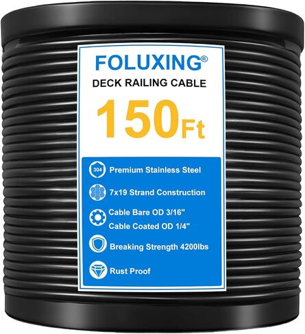 200Ft 1/4" Wire Rope,7x19 Strand Vinyl Coated Aircraft Cable Wire,3/16" Thru 1/4" for Cable Railing, Indoor Outdoor Decking Stair Railing Balustrade DIY, Fencing, Clothes Line in Saudi Arabia
