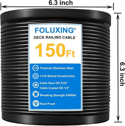 200Ft 1/4" Wire Rope,7x19 Strand Vinyl Coated Aircraft Cable Wire,3/16" Thru 1/4" for Cable Railing, Indoor Outdoor Decking Stair Railing Balustrade DIY, Fencing, Clothes Line in Saudi Arabia