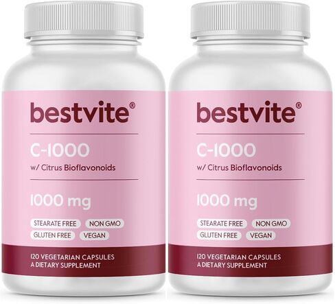 فيتامين C 1000 ملغ من BESTVITE (120 كبسولة نباتية) مع بيوفلافينويدات الحمضيات - بدون ستيرات - نباتي - غير معدّل وراثيًا - خالي من الغلوتين in Kuwait