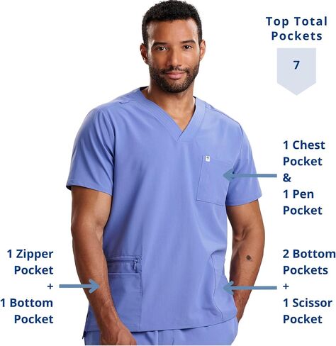 Care+Wear 7-Pocket V-Neck Scrub Tops for Men – Moisture Wicking, Ultra-Soft, Wrinkle-Resistant Medical Scrub Top in Saudi Arabia