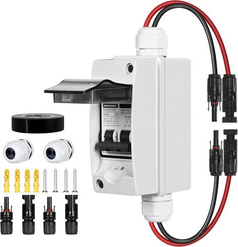 Solar Panels Disconnect Switch 32Amp AC Solar Shut Off Switch 400V 2 Poles Outdoor DC Small Miniature Circuit Breaker Box, IP65 Waterproof UV-Proof for Solar PV Homes in Saudi Arabia
