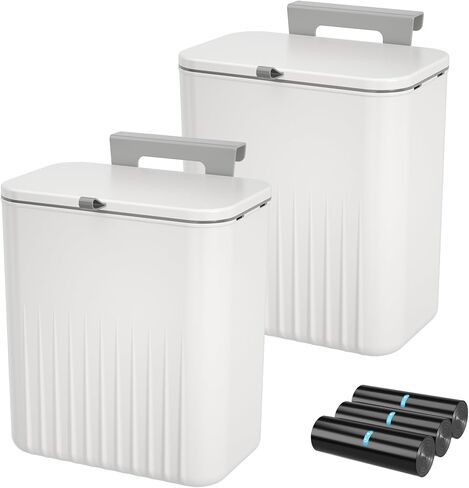 Hanging Trash Can with Lid 2.4 Gallon Kitchen Compost Bin for Counter Top or Under Sink Small Plastic Waste Basket Wall Mounted Garbage Can for Bathroom, Office, Bedroom, Cupboard (1, White) in Saudi Arabia