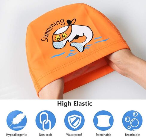 KXF Kids Swimming Cap Waterproof PU Swimming Hats Bathing Cap Ear Protection Elastic Swimming Cap for Children Kids Boys Girls Age 6-10 with Coating Cartoon Pattern in Saudi Arabia