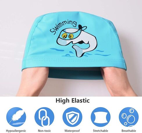 KXF Kids Swimming Cap Waterproof PU Swimming Hats Bathing Cap Ear Protection Elastic Swimming Cap for Children Kids Boys Girls Age 6-10 with Coating Cartoon Pattern in Saudi Arabia