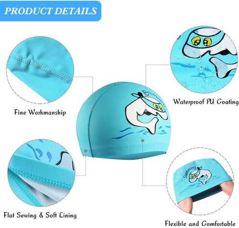 KXF Kids Swimming Cap Waterproof PU Swimming Hats Bathing Cap Ear Protection Elastic Swimming Cap for Children Kids Boys Girls Age 6-10 with Coating Cartoon Pattern in Saudi Arabia
