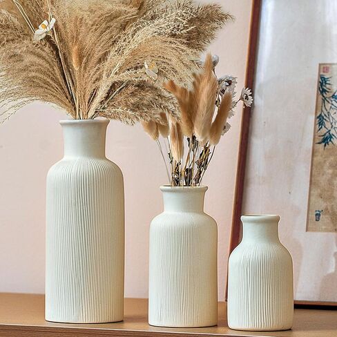 White Ceramic Vase Set of 3,Modern Vase Ribbed Design,Pampas Vases,Flower Vase for Table,Living Room,Room Decorations（Diagonal Ribbed Vase） in Saudi Arabia