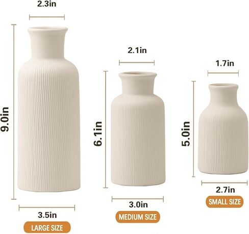 White Ceramic Vase Set of 3,Modern Vase Ribbed Design,Pampas Vases,Flower Vase for Table,Living Room,Room Decorations（Diagonal Ribbed Vase） in Saudi Arabia