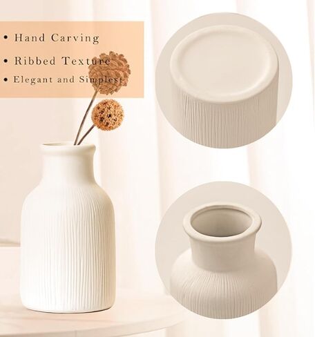 White Ceramic Vase Set of 3,Modern Vase Ribbed Design,Pampas Vases,Flower Vase for Table,Living Room,Room Decorations（Diagonal Ribbed Vase） in Saudi Arabia