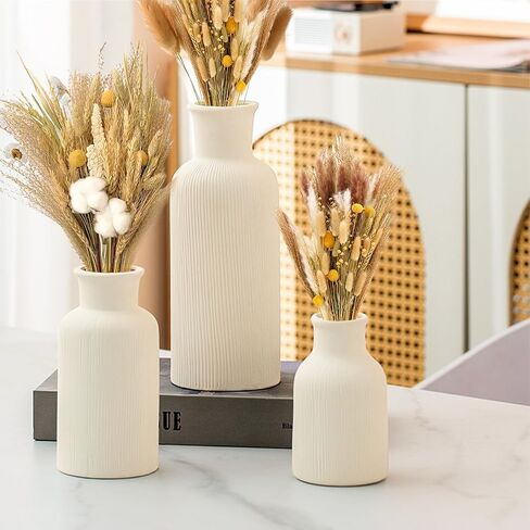 White Ceramic Vase Set of 3,Modern Vase Ribbed Design,Pampas Vases,Flower Vase for Table,Living Room,Room Decorations（Diagonal Ribbed Vase） in Saudi Arabia