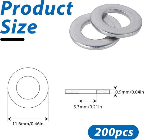 غسالة مسطحة من الفولاذ المقاوم للصدأ، 200 قطعة القطر الداخلي M5 غسالات معدنية للبراغي البراغي M5 مجموعة متنوعة من غسالات مسطحة للأثاث DIY مشروع خارجي in Kuwait