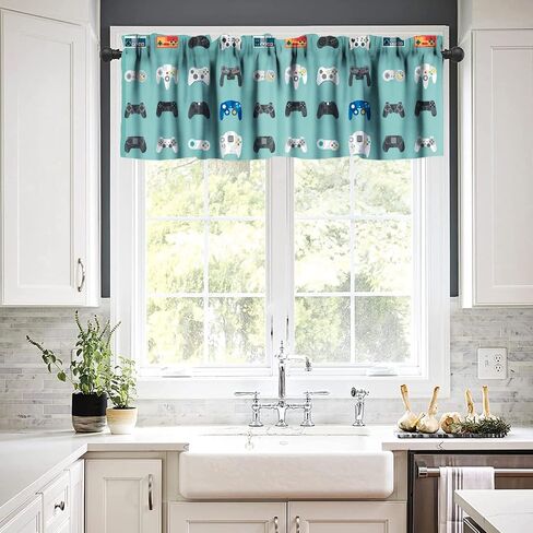 Video Games Kitchen Curtain Valances Window White Boys Gamepad Rod Pocket Valance Treatments Cool Playing Gamer Half Curtains Short Topper for Bedroom, Kitchen, Living Room, 54x18in in Saudi Arabia
