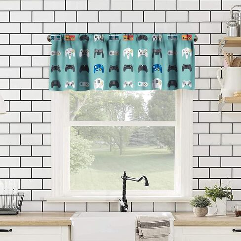 Video Games Kitchen Curtain Valances Window White Boys Gamepad Rod Pocket Valance Treatments Cool Playing Gamer Half Curtains Short Topper for Bedroom, Kitchen, Living Room, 54x18in in Saudi Arabia
