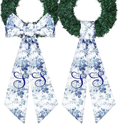 2 Pcs Embroidery Monogram Wreath Sash Blue Chinoiserie Monogram Letter S Wreath Sash for Boxwood Wreath Front Door Porch Home Garland Yard Doorway Bridal Shower Decor Housewarming Gift in Kuwait