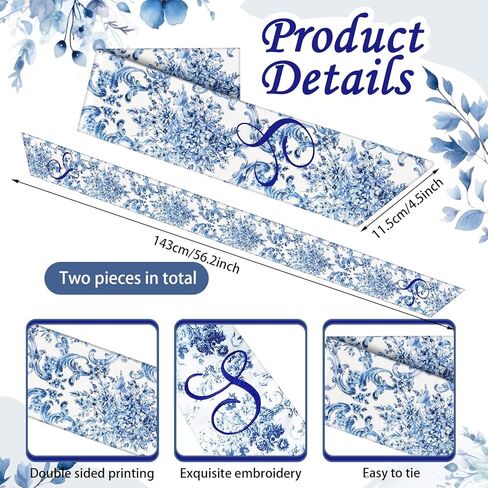 2 Pcs Embroidery Monogram Wreath Sash Blue Chinoiserie Monogram Letter S Wreath Sash for Boxwood Wreath Front Door Porch Home Garland Yard Doorway Bridal Shower Decor Housewarming Gift in Kuwait