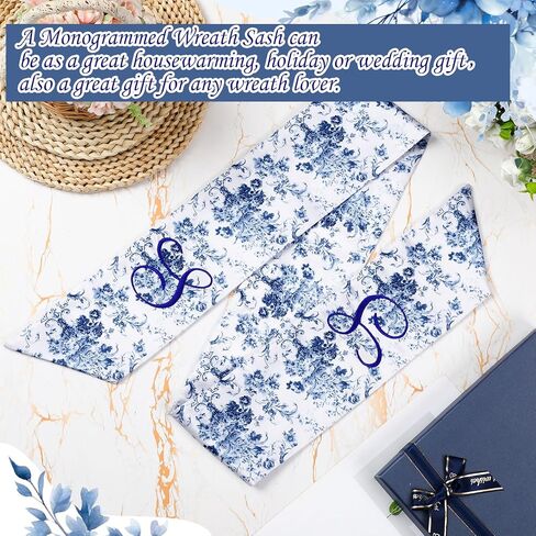 2 Pcs Embroidery Monogram Wreath Sash Blue Chinoiserie Monogram Letter S Wreath Sash for Boxwood Wreath Front Door Porch Home Garland Yard Doorway Bridal Shower Decor Housewarming Gift in Kuwait