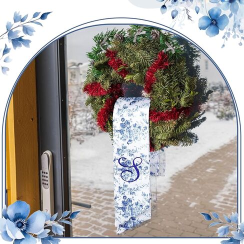 2 Pcs Embroidery Monogram Wreath Sash Blue Chinoiserie Monogram Letter S Wreath Sash for Boxwood Wreath Front Door Porch Home Garland Yard Doorway Bridal Shower Decor Housewarming Gift in Kuwait