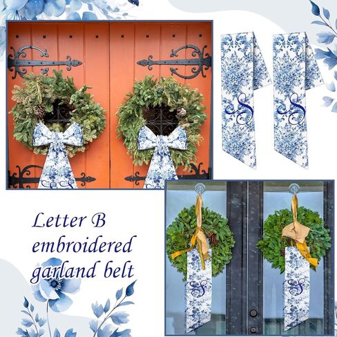 2 Pcs Embroidery Monogram Wreath Sash Blue Chinoiserie Monogram Letter S Wreath Sash for Boxwood Wreath Front Door Porch Home Garland Yard Doorway Bridal Shower Decor Housewarming Gift in Kuwait