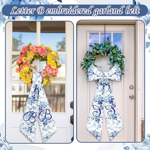2 Pcs Embroidery Monogram Wreath Sash Blue Chinoiserie Monogram Letter S Wreath Sash for Boxwood Wreath Front Door Porch Home Garland Yard Doorway Bridal Shower Decor Housewarming Gift in Kuwait