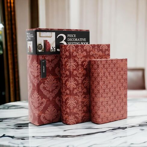 Hosley Farmhouse Memory Book Boxes Set of 3 Red Brown & Gold Storage Organizers in 12", 10", 8" Heights for Stylish and Functional Keepsake Storage in Saudi Arabia